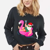 Funny Pool Party Santa Sunglasses Flamingo Christmas In July Cropped Pullover Crew
