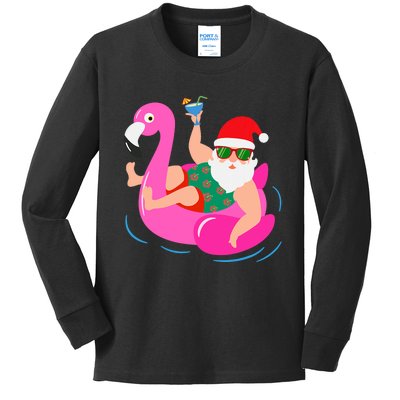 Funny Pool Party Santa Sunglasses Flamingo Christmas In July Kids Long Sleeve Shirt