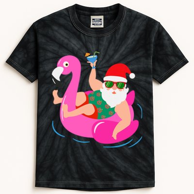 Funny Pool Party Santa Sunglasses Flamingo Christmas In July Kids Tie-Dye T-Shirt