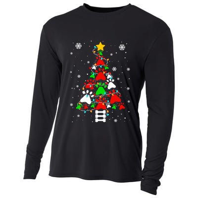 Funny Paw Print Xmas Dog Cat Lovers Christmas Tree Lights Gift Cooling Performance Long Sleeve Crew