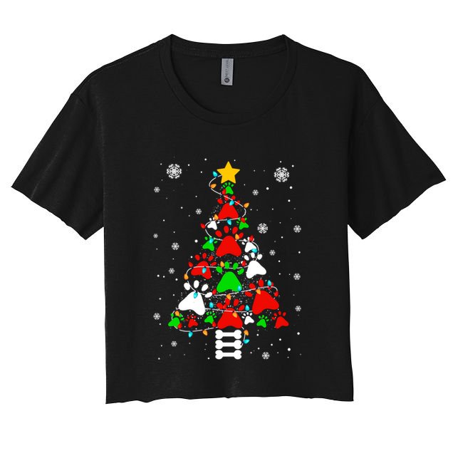 Funny Paw Print Xmas Dog Cat Lovers Christmas Tree Lights Gift Crop Top