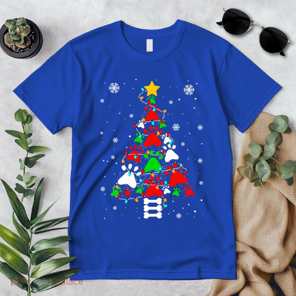 Funny Paw Print Xmas Dog Cat Lovers Christmas Tree Lights Gift Premium T-Shirt