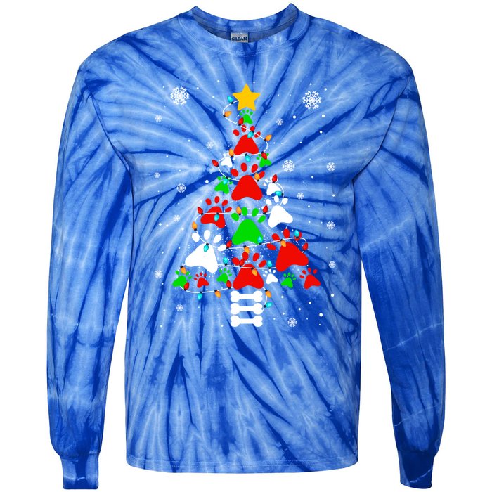 Funny Paw Print Xmas Dog Cat Lovers Christmas Tree Lights Gift Tie-Dye Long Sleeve Shirt