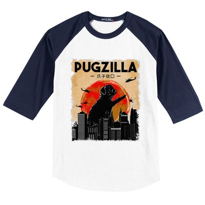 Funny Pug Pugzilla Funny Dog Pug Baseball Sleeve Shirt