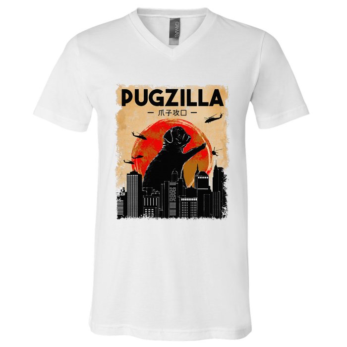 Funny Pug Pugzilla Funny Dog Pug V-Neck T-Shirt