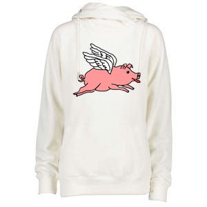 Flying Pig Poking Tongue Out Funny Gift Womens Funnel Neck Pullover Hood