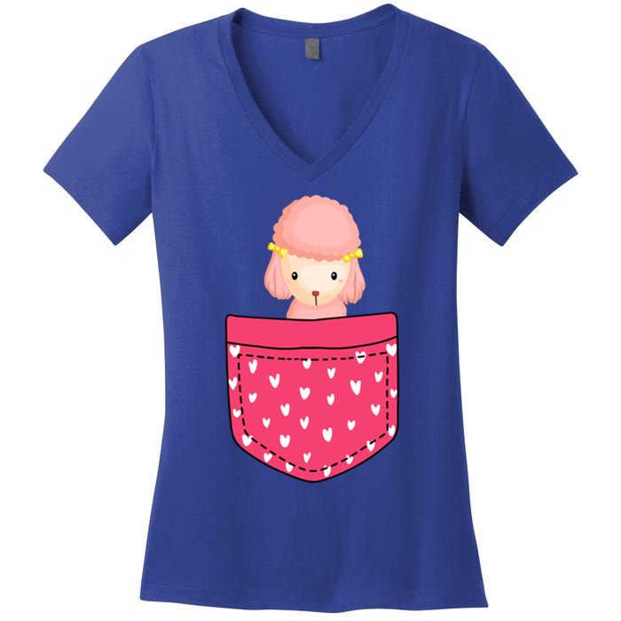 Funny Poodle Pocket Gift Heart Valentines Day Love Gift Women's V-Neck T-Shirt