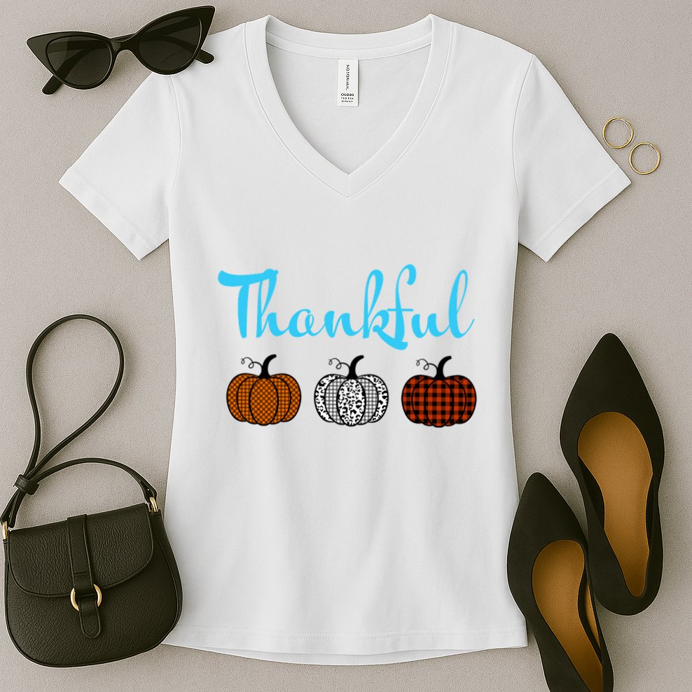 Fall Plaid Pumpkin Thankful Women, Thanksgiving Be Blessed Women's V-Neck T-Shirt