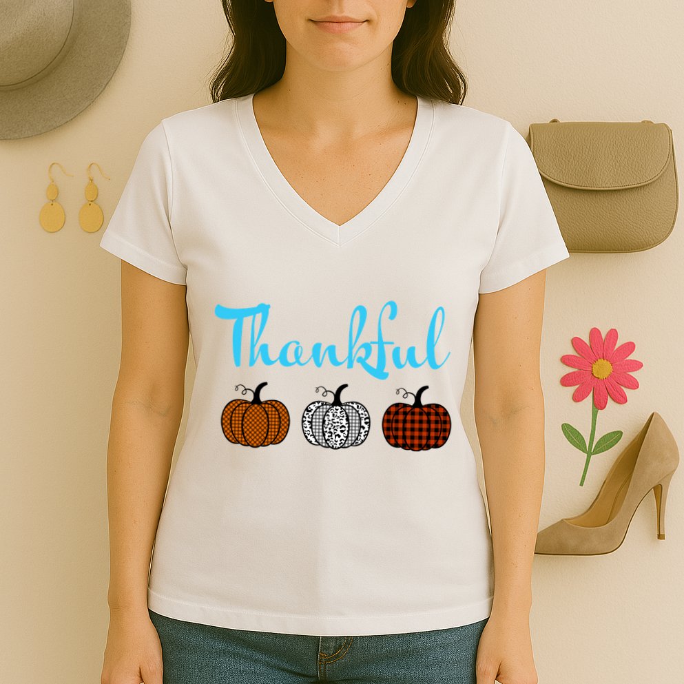 Fall Plaid Pumpkin Thankful Women, Thanksgiving Be Blessed Women's V-Neck T-Shirt