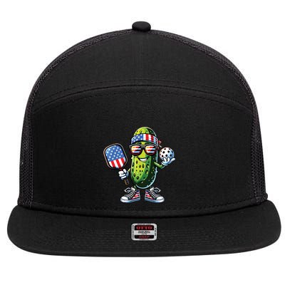 Funny Patriotic Pickle Playing Pickleball Paddle 4th Of July 7 Panel Mesh Trucker Snapback Hat
