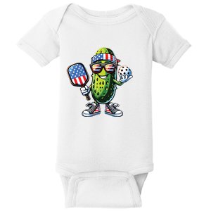 Funny Patriotic Pickle Playing Pickleball Paddle 4th Of July Baby Bodysuit