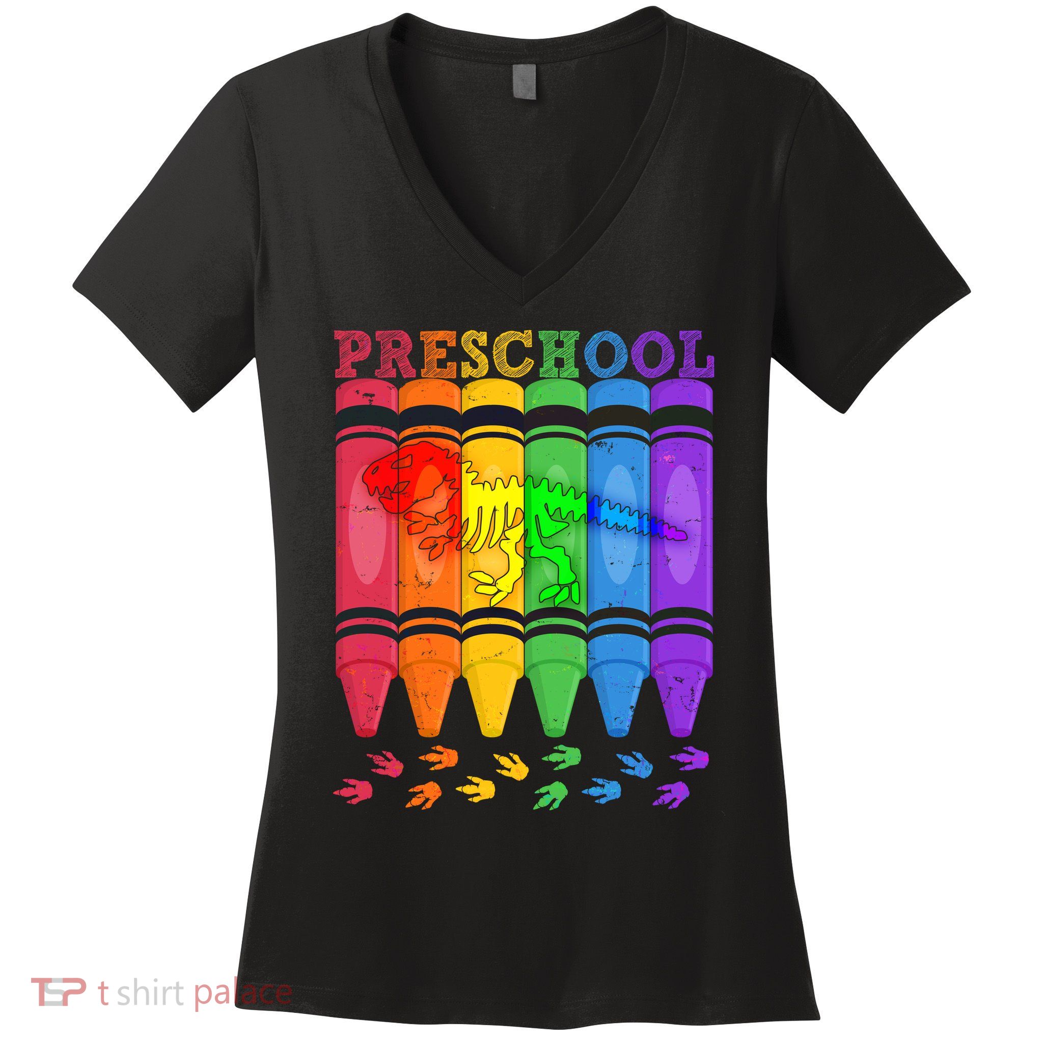 Funny Prehistoric Preschool Dinosaur Crayons Women's V-Neck T-Shirt