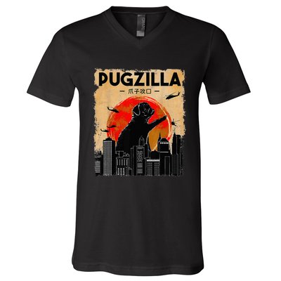 Funny Pug Pugzilla Funny Dog Pug Funny Fog Lover V-Neck T-Shirt