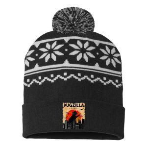 Funny Pug Pugzilla Funny Dog Pug Funny Fog Lover USA-Made Snowflake Beanie