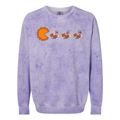 Funny Pumpkin Pie Eating Turkeys Thanksgiving Video Game  Colorblast Crewneck Sweatshirt