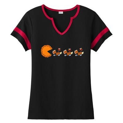 Funny Pumpkin Pie Eating Turkeys Thanksgiving Video Game  Ladies Halftime Notch Neck Tee