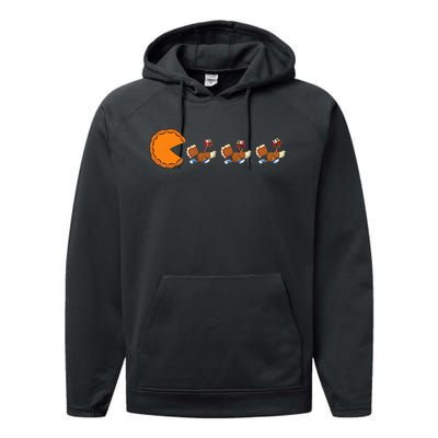 Funny Pumpkin Pie Eating Turkeys Thanksgiving Video Game  Performance Fleece Hoodie