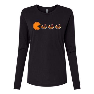 Funny Pumpkin Pie Eating Turkeys Thanksgiving Video Game  Womens Cotton Relaxed Long Sleeve T-Shirt