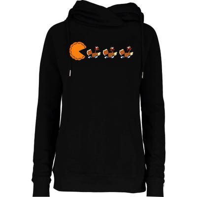 Funny Pumpkin Pie Eating Turkeys Thanksgiving Video Game  Womens Funnel Neck Pullover Hood