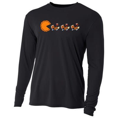 Funny Pumpkin Pie Eating Turkeys Thanksgiving Video Game  Cooling Performance Long Sleeve Crew