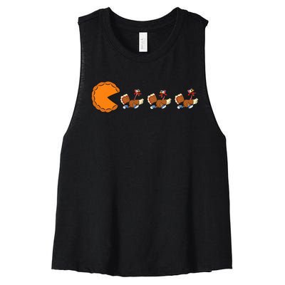 Funny Pumpkin Pie Eating Turkeys Thanksgiving Video Game  Women's Racerback Cropped Tank