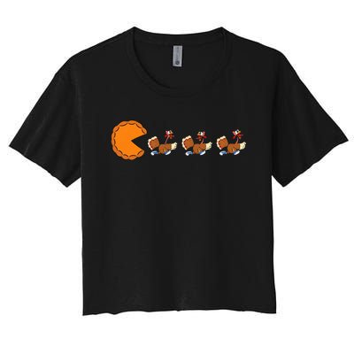 Funny Pumpkin Pie Eating Turkeys Thanksgiving Video Game  Women's Crop Top Tee