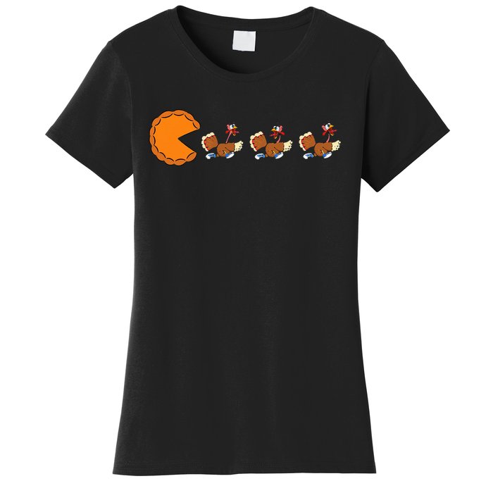 Funny Pumpkin Pie Eating Turkeys Thanksgiving Video Game  Women's T-Shirt