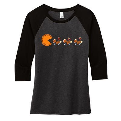 Funny Pumpkin Pie Eating Turkeys Thanksgiving Video Game  Women's Tri-Blend 3/4-Sleeve Raglan Shirt