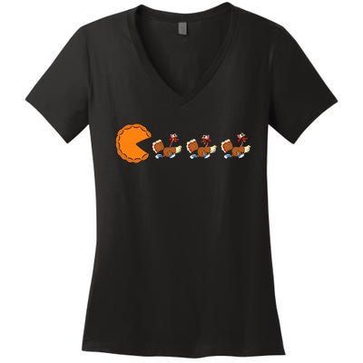 Funny Pumpkin Pie Eating Turkeys Thanksgiving Video Game  Women's V-Neck T-Shirt