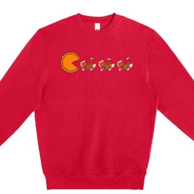 Funny Pumpkin Pie Eating Turkeys Thanksgiving Video Game  Premium Crewneck Sweatshirt