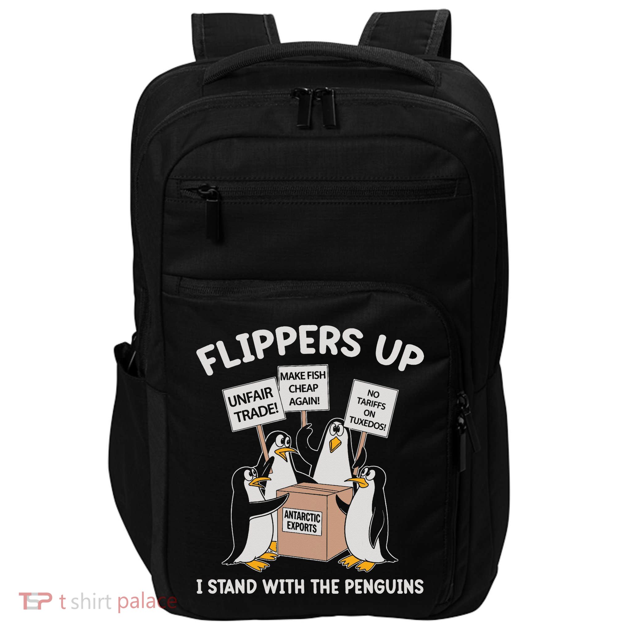 Funny Penguins Protest Against Tariffs Impact Tech Backpack