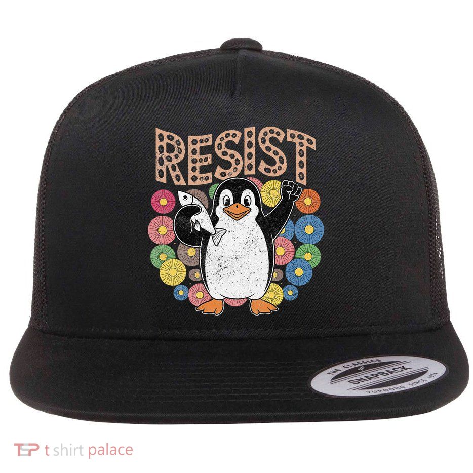 Floral Penguin Protest Activism Resist Flat Bill Trucker Hat