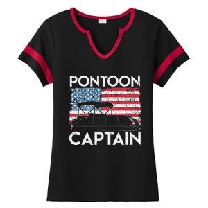 Funny Patriotic Pontoon Captain Us American Flag Funny Boat Owner Ladies Halftime Notch Neck Tee