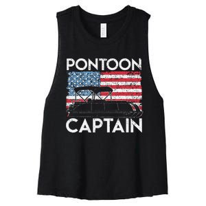 Funny Patriotic Pontoon Captain Us American Flag Funny Boat Owner Women's Racerback Cropped Tank