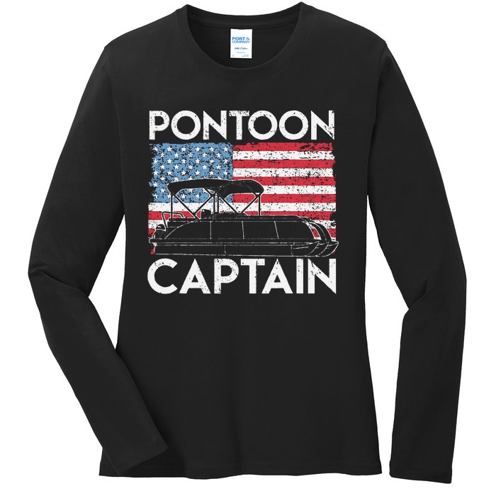 Funny Patriotic Pontoon Captain Us American Flag Funny Boat Owner Ladies Long Sleeve Shirt