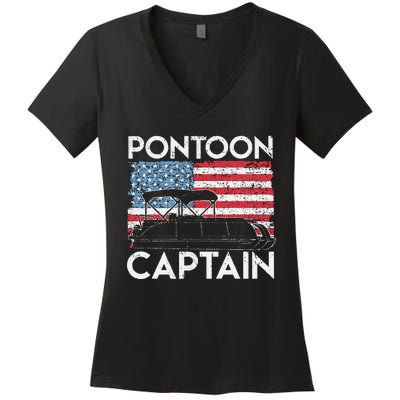 Funny Patriotic Pontoon Captain Us American Flag Funny Boat Owner Women's V-Neck T-Shirt