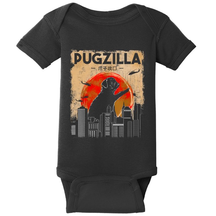 Funny Pug Pugzilla Funny Dog Pug Baby Bodysuit