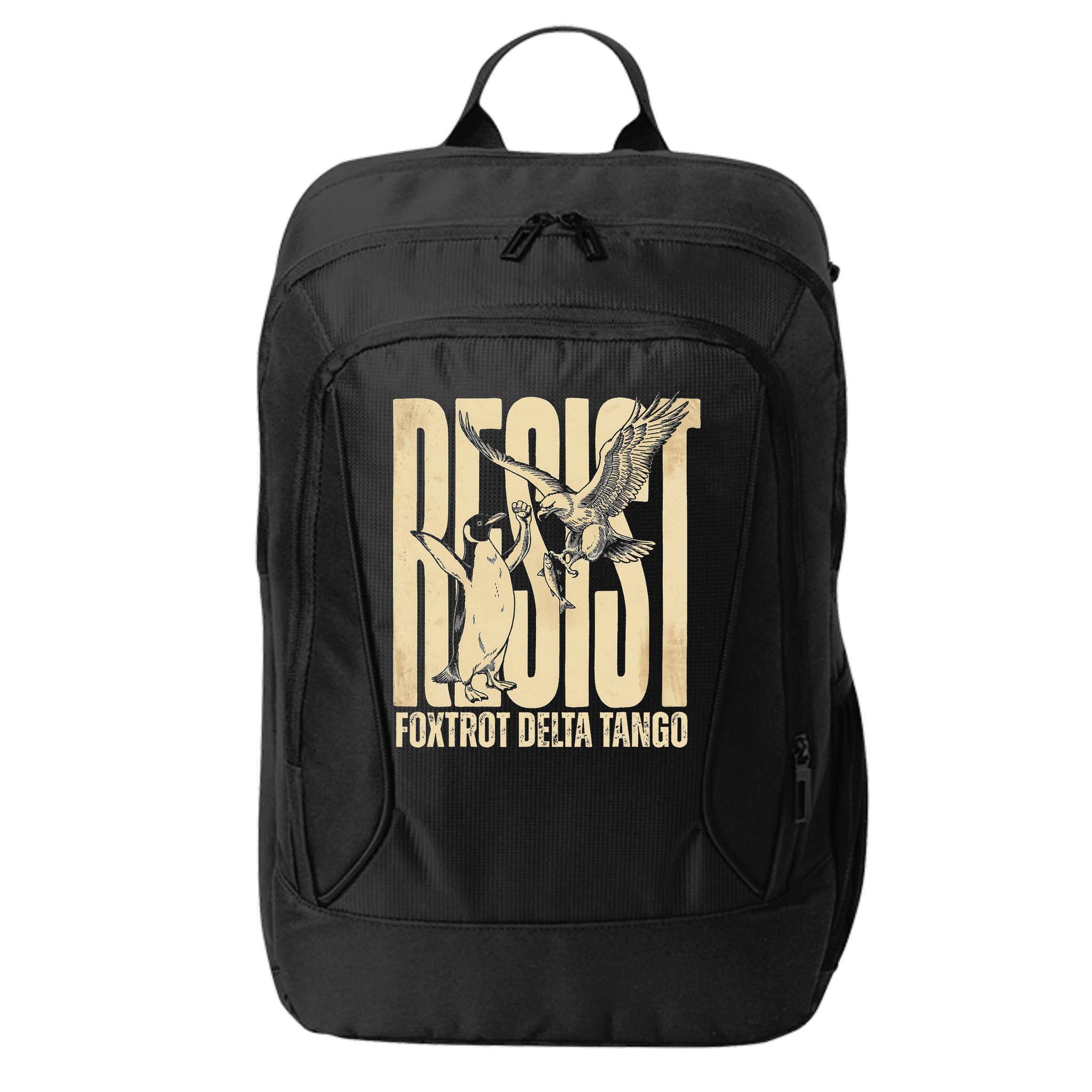 Funny Penguin Protest Resist Penguin Holding Fish Gr City Backpack
