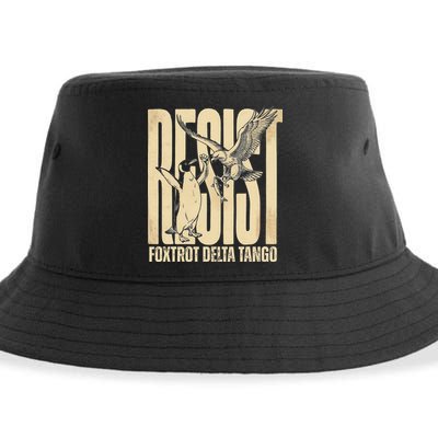 Funny Penguin Protest Resist Penguin Holding Fish Gr Sustainable Bucket Hat