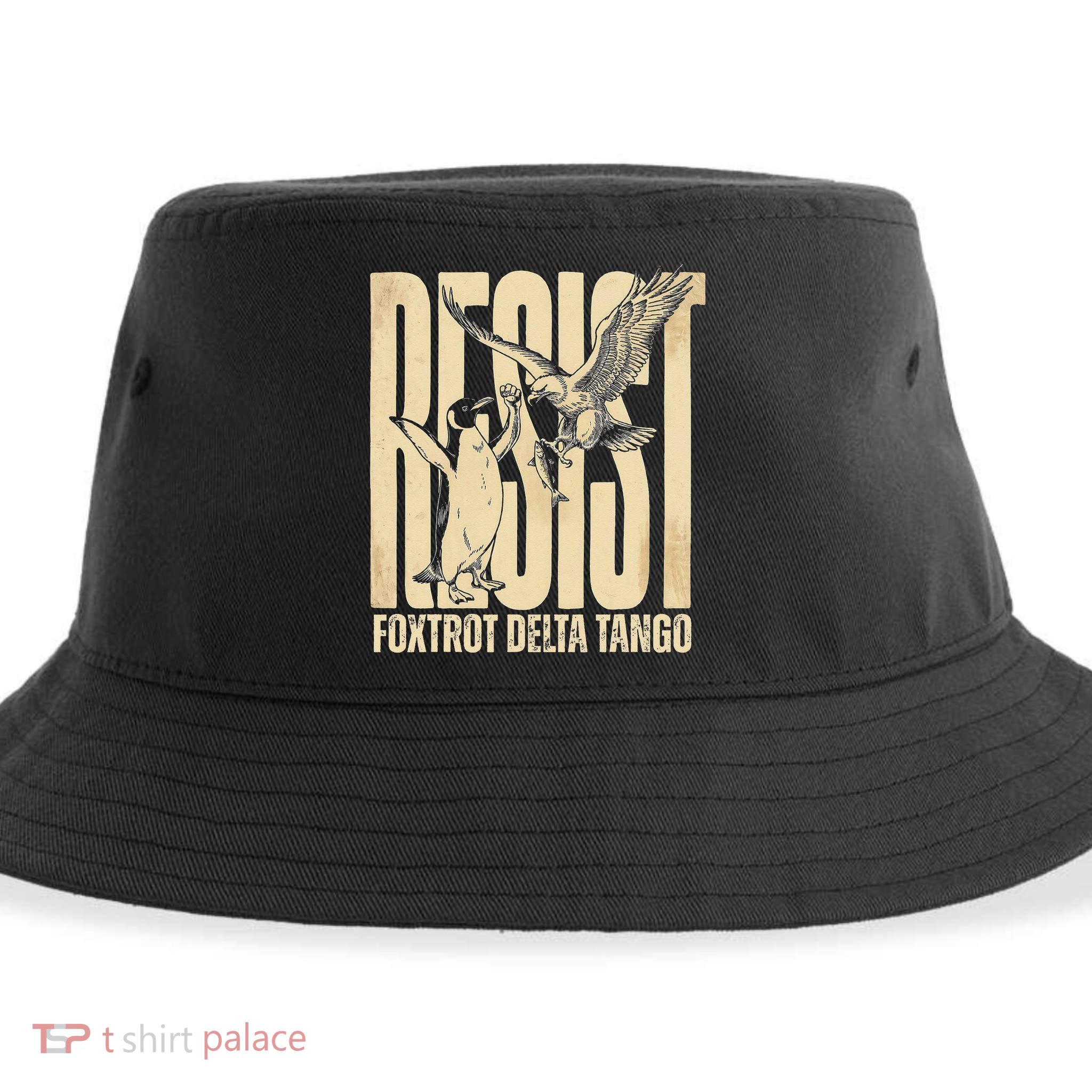 Funny Penguin Protest Resist Penguin Holding Fish Gr Sustainable Bucket Hat