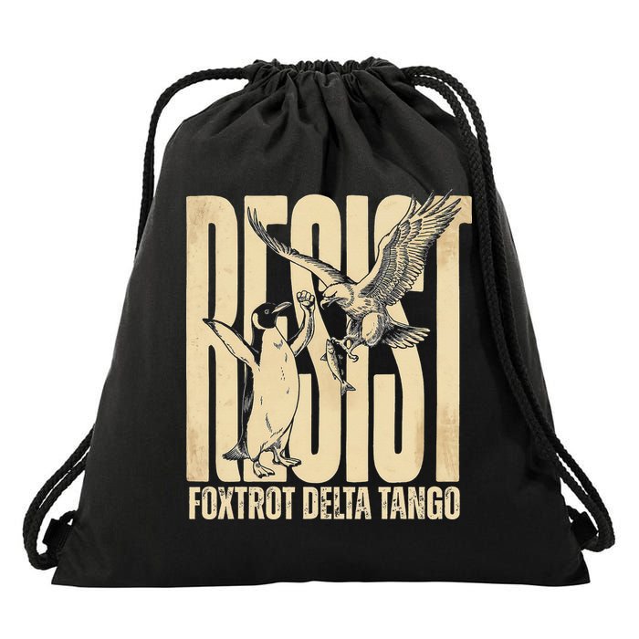 Funny Penguin Protest Resist Penguin Holding Fish Gr Drawstring Bag