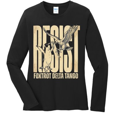 Funny Penguin Protest Resist Penguin Holding Fish Gr Ladies Long Sleeve Shirt