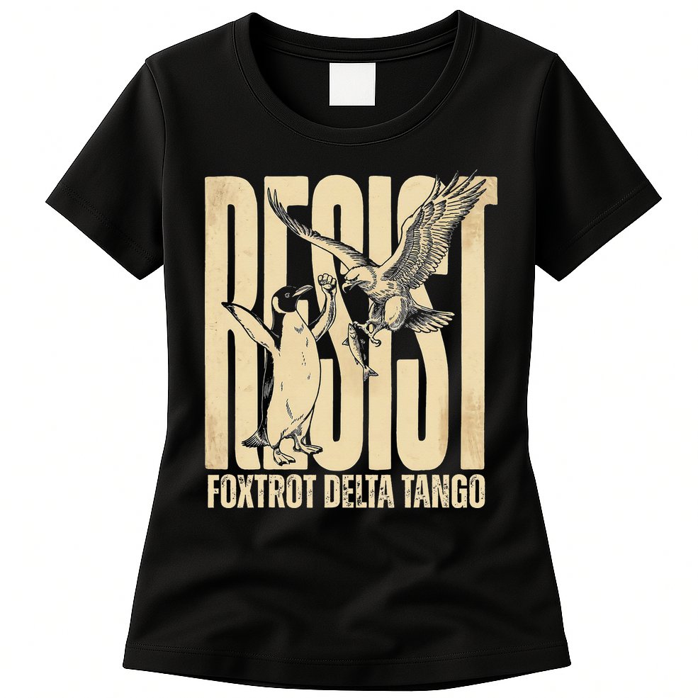 Funny Penguin Protest Resist Penguin Holding Fish Gr Womens T-Shirt
