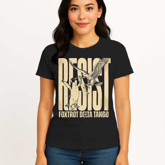 Funny Penguin Protest Resist Penguin Holding Fish Gr Womens T-Shirt