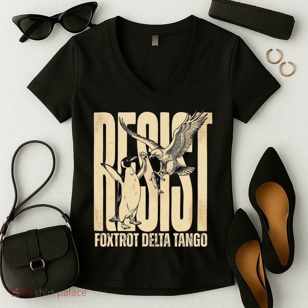 Funny Penguin Protest Resist Penguin Holding Fish Gr Women's V-Neck T-Shirt