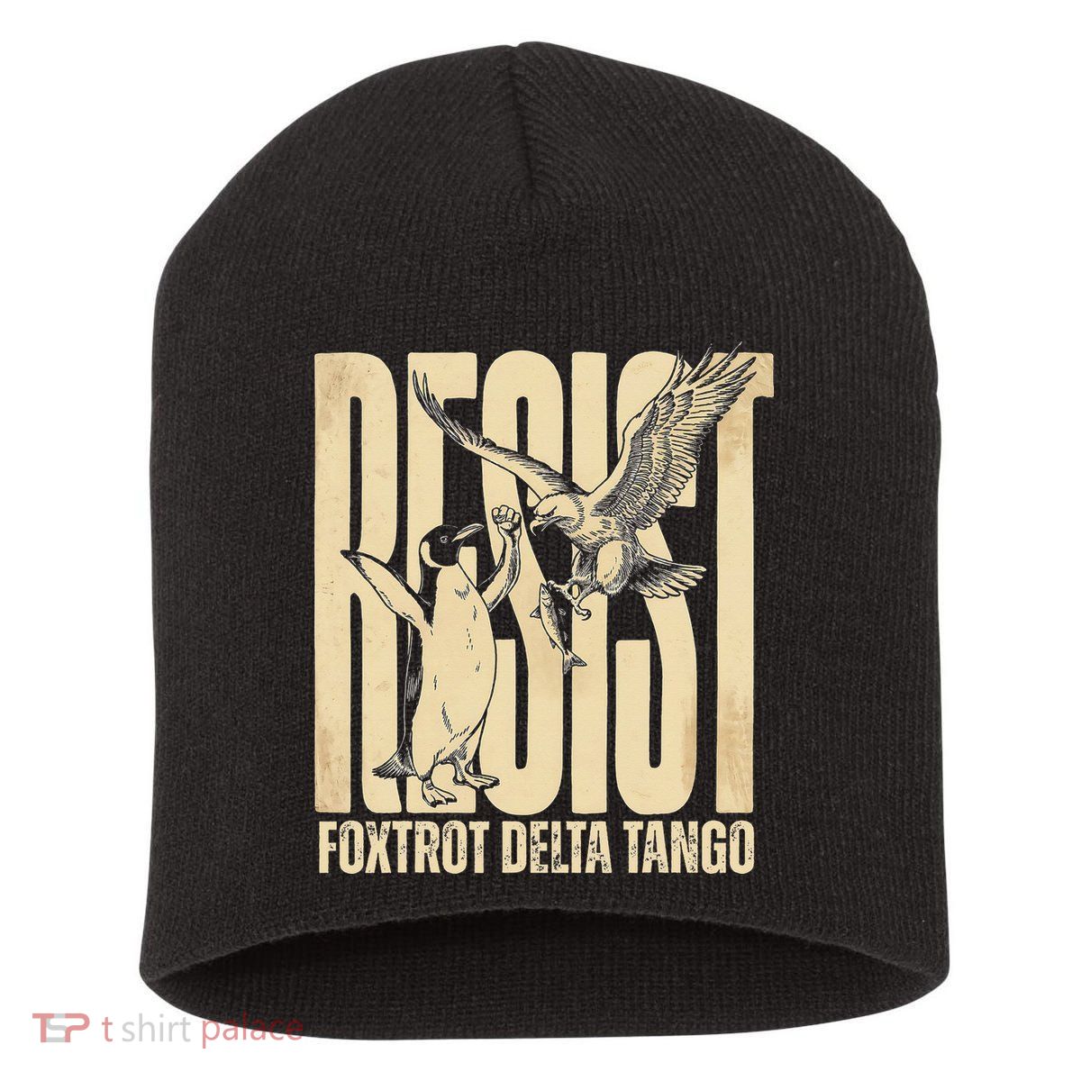 Funny Penguin Protest Resist Penguin Holding Fish Gr Short Acrylic Beanie