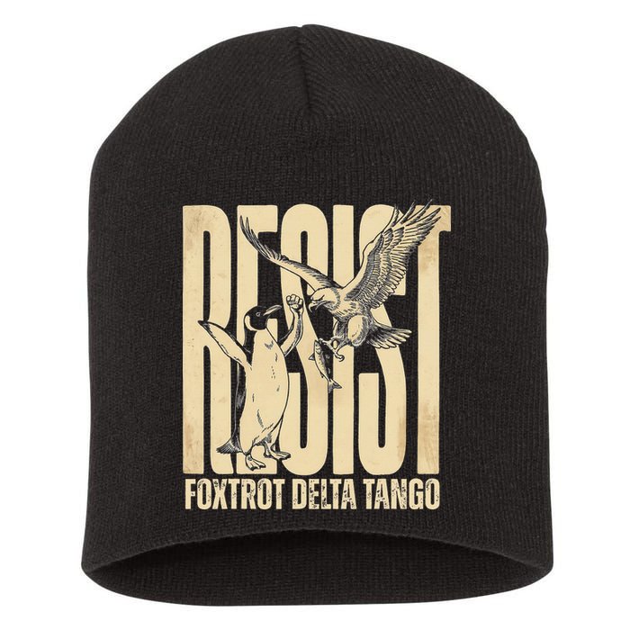 Funny Penguin Protest Resist Penguin Holding Fish Gr Short Acrylic Beanie