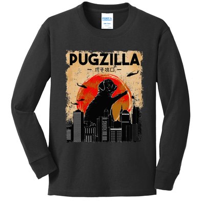 Funny Pug Pugzilla Funny Dog Pug Kids Long Sleeve Shirt