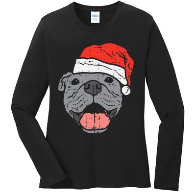 Festive Pitbull Pit Santa Hat Christmas Gift for Dog Lovers Ladies Long Sleeve Shirt