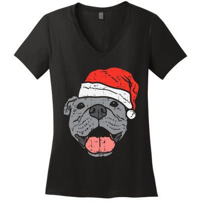 Festive Pitbull Pit Santa Hat Christmas Gift for Dog Lovers Women's V-Neck T-Shirt